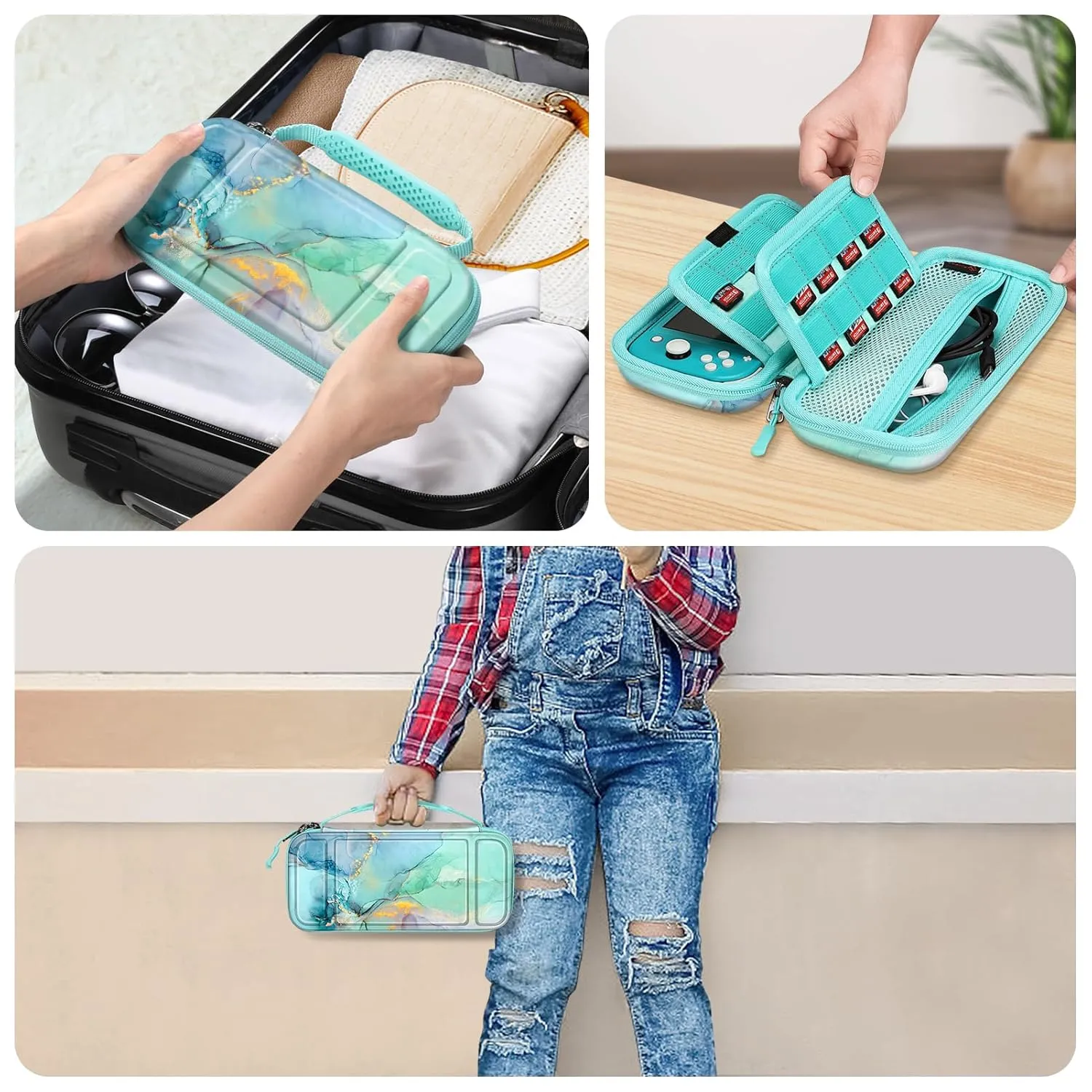 FINTIE Carrying Case for Nintendo Switch Lite 2019, [Shockproof] Hard Shell Protective Cover Travel Bag with Game Card & Micro SD Card Slots for Switch Lite Console & Accessories, Emerald Marble