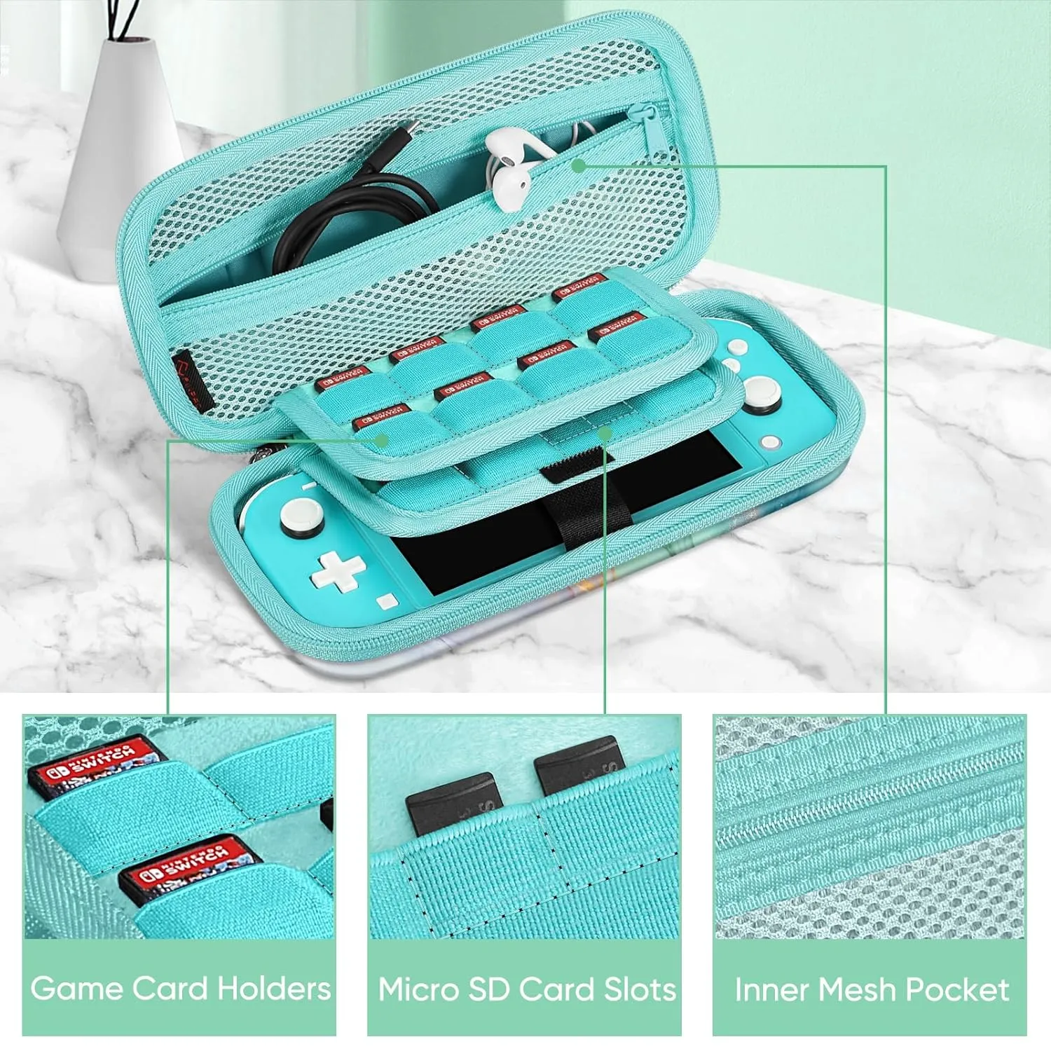 FINTIE Carrying Case for Nintendo Switch Lite 2019, [Shockproof] Hard Shell Protective Cover Travel Bag with Game Card & Micro SD Card Slots for Switch Lite Console & Accessories, Emerald Marble