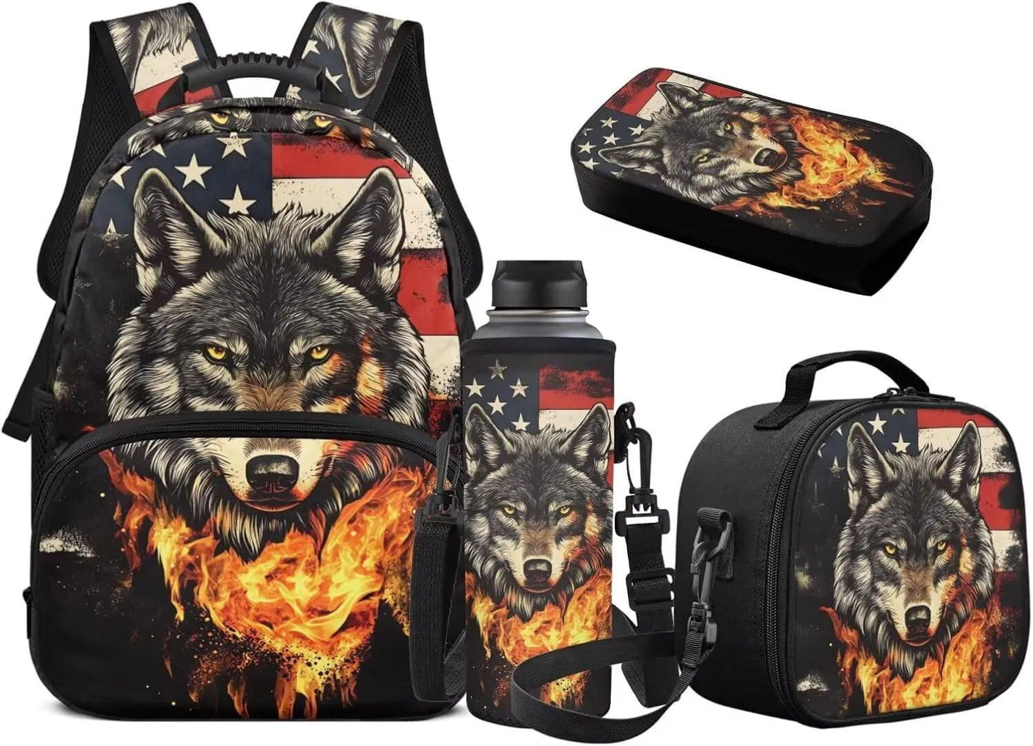 Fire Wolf Backpack for Girls School Bags with Lunch Bag Pencil Case and Water Bottle Holder American Flag Bookbag Purse Large Capacity School Supplies 4 in 1