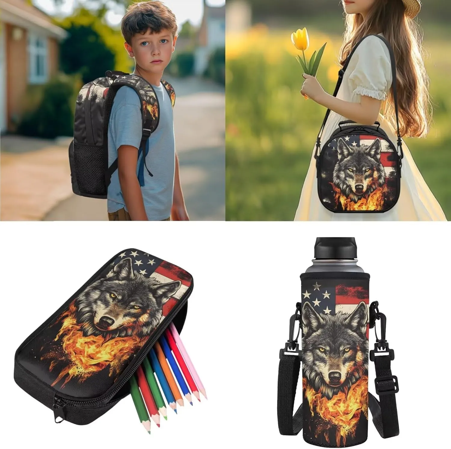 Fire Wolf Backpack for Girls School Bags with Lunch Bag Pencil Case and Water Bottle Holder American Flag Bookbag Purse Large Capacity School Supplies 4 in 1