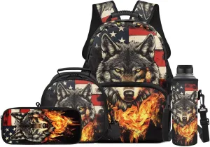 Fire Wolf Backpack for Girls School Bags with Lunch Bag Pencil Case and Water Bottle Holder American Flag Bookbag Purse Large Capacity School Supplies 4 in 1