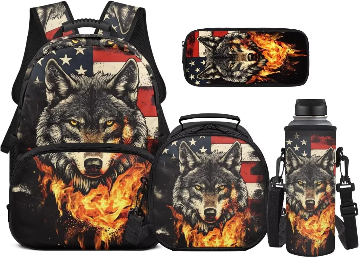 Fire Wolf Backpack for Girls School Bags with Lunch Bag Pencil Case and Water Bottle Holder American Flag Bookbag Purse Large Capacity School Supplies 4 in 1