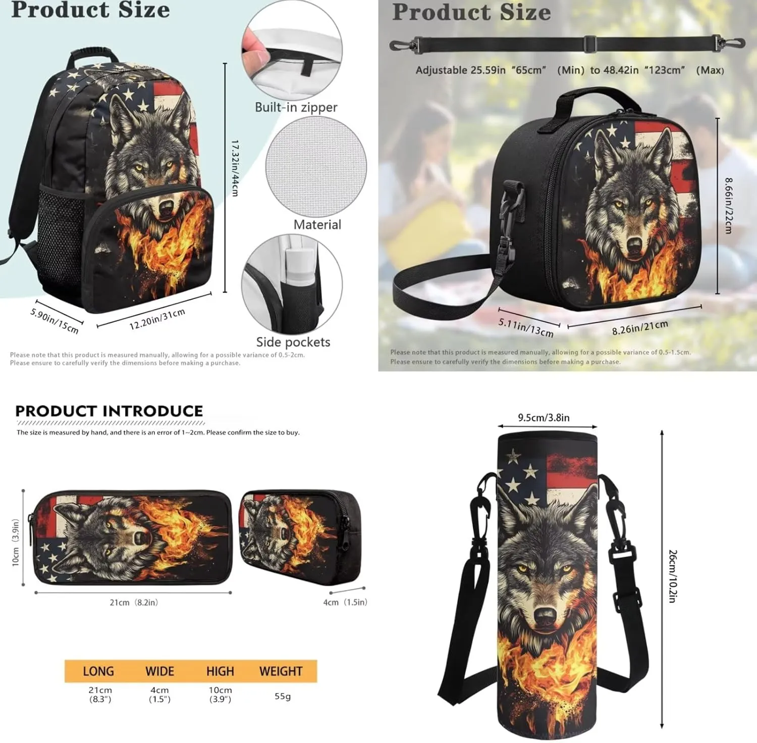 Fire Wolf Backpack for Girls School Bags with Lunch Bag Pencil Case and Water Bottle Holder American Flag Bookbag Purse Large Capacity School Supplies 4 in 1