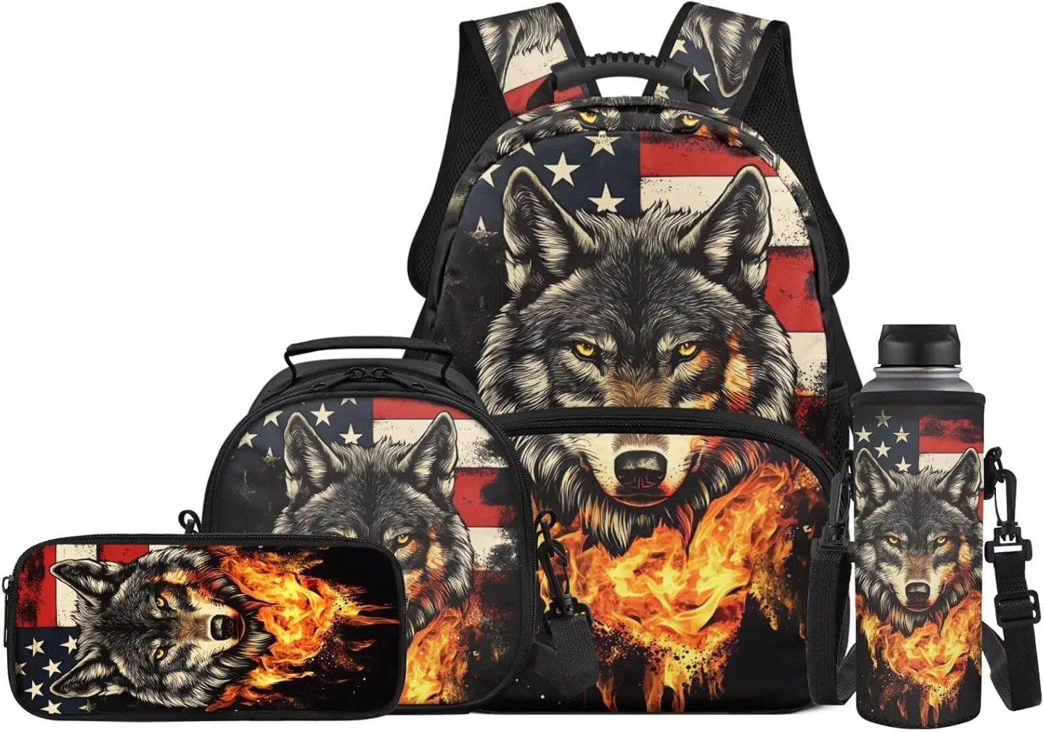 Fire Wolf Backpack for Girls School Bags with Lunch Bag Pencil Case and Water Bottle Holder American Flag Bookbag Purse Large Capacity School Supplies 4 in 1