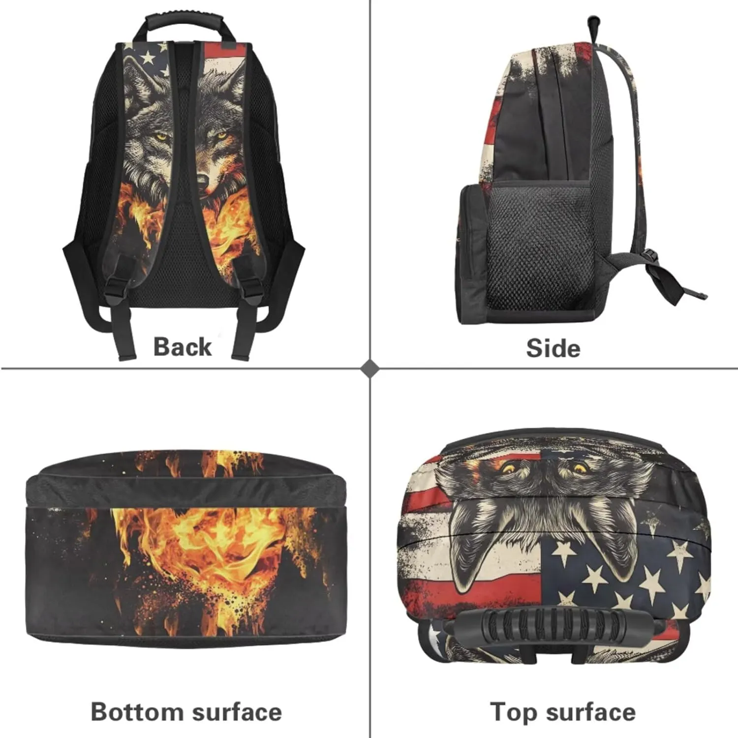 Fire Wolf Backpack for Girls School Bags with Lunch Bag Pencil Case and Water Bottle Holder American Flag Bookbag Purse Large Capacity School Supplies 4 in 1