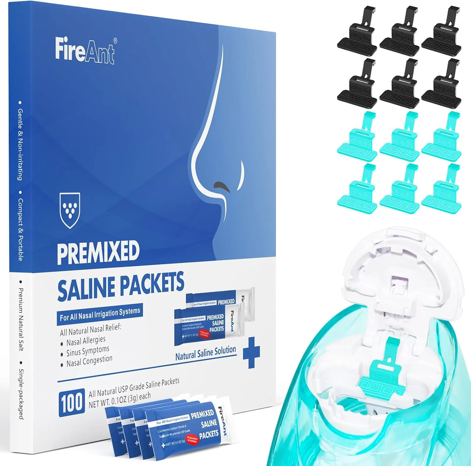FireAnt 100 Saline Packets and 12 Reusable Saline Pods Refills Set, Compatible with Navage Nasal Care - Includes 100 Count Salt Packets Sinus Rinse   12 Pack Silicone Salt Pads Refill in Black & Blue