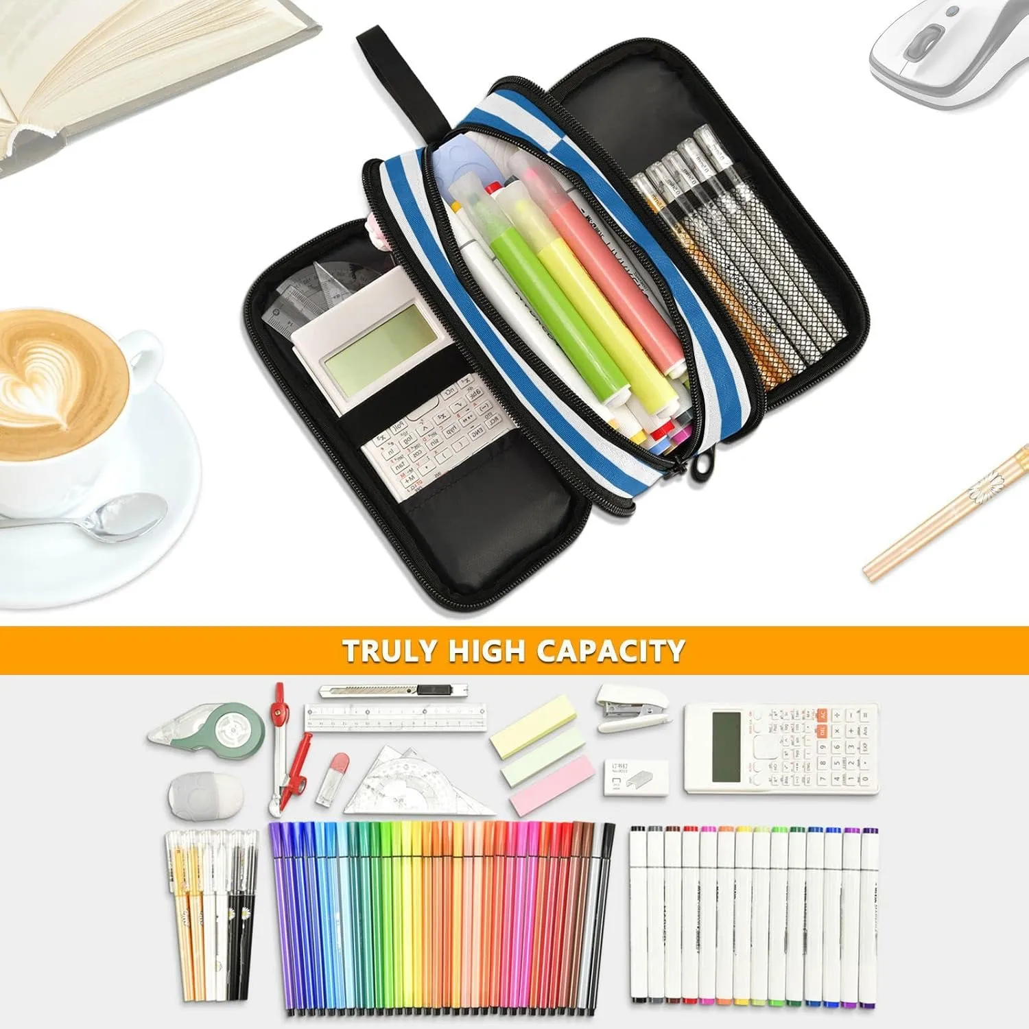 Fisyme Greece Greek Flag Pencil Case Large Capacity Pen Box Makeup Pouch Holder Organizer Stationery Bag for School Office College Traval Adult