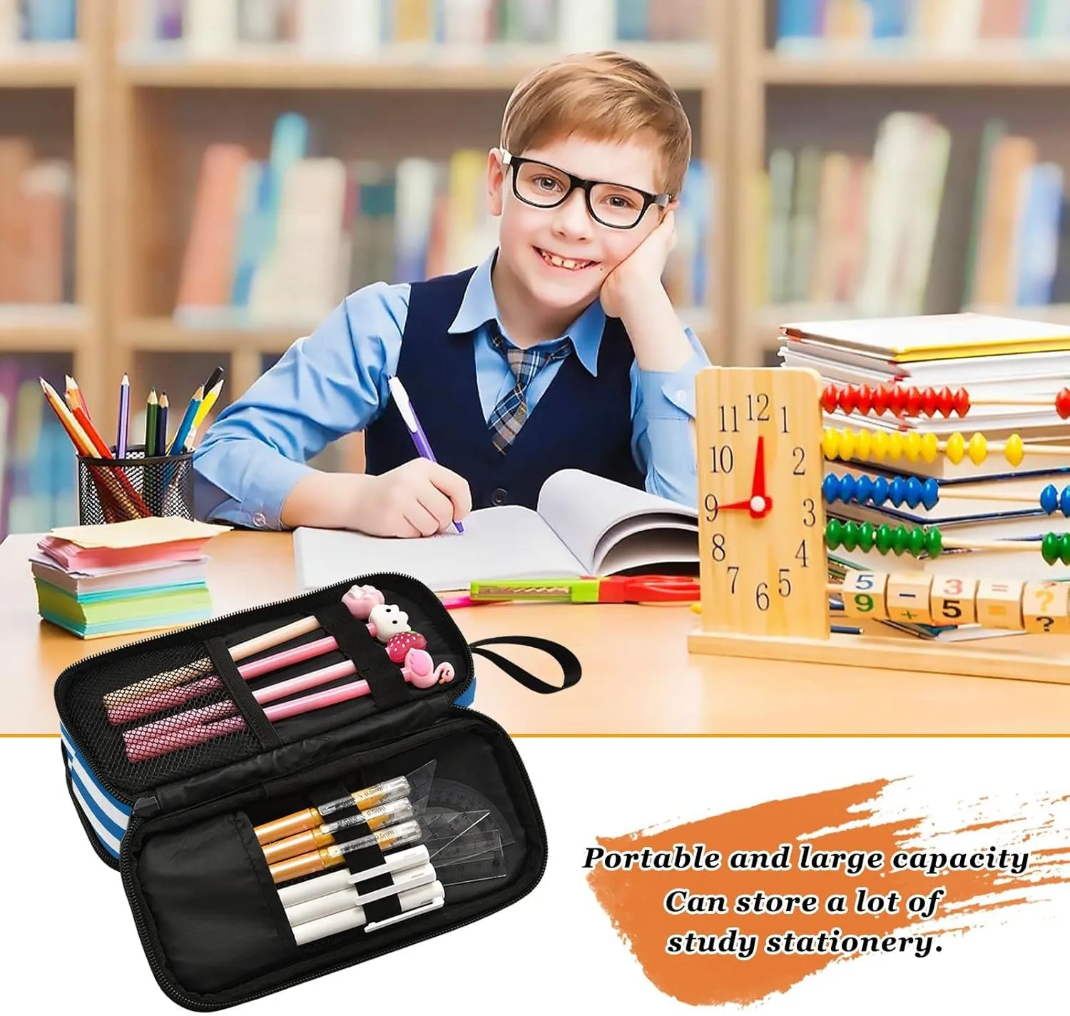 Fisyme Greece Greek Flag Pencil Case Large Capacity Pen Box Makeup Pouch Holder Organizer Stationery Bag for School Office College Traval Adult