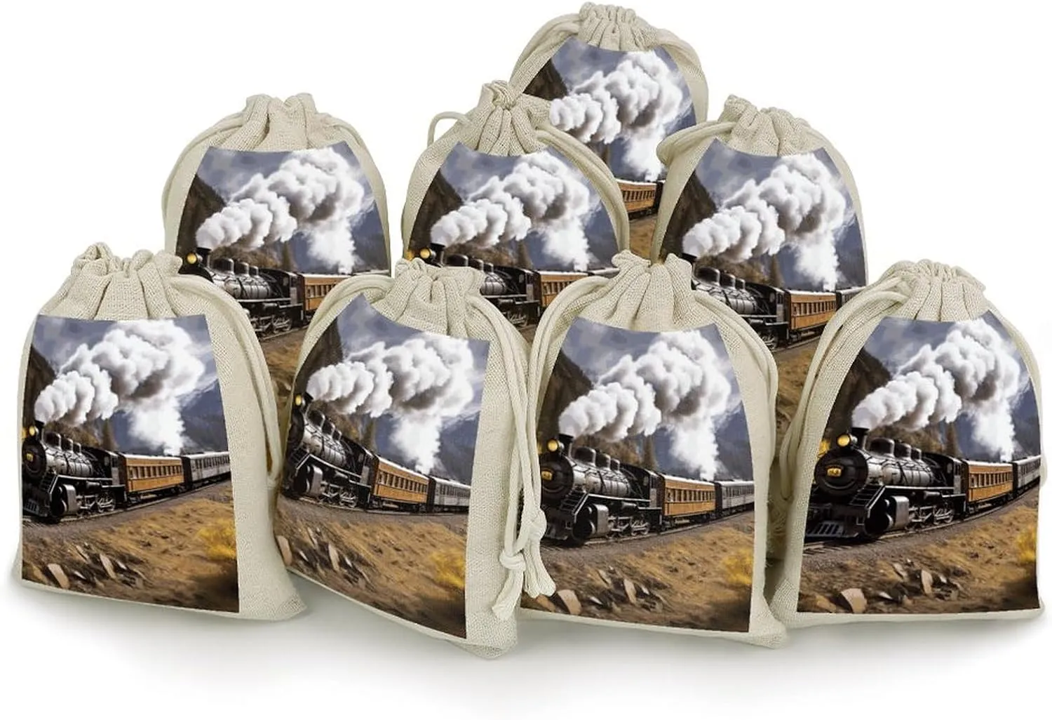FJWKLRBV Steam Locomotive Train Small Burlap Bags 8 PCS Burlap Gift Bags with Drawstring Storage Bag Jewelry Pouch