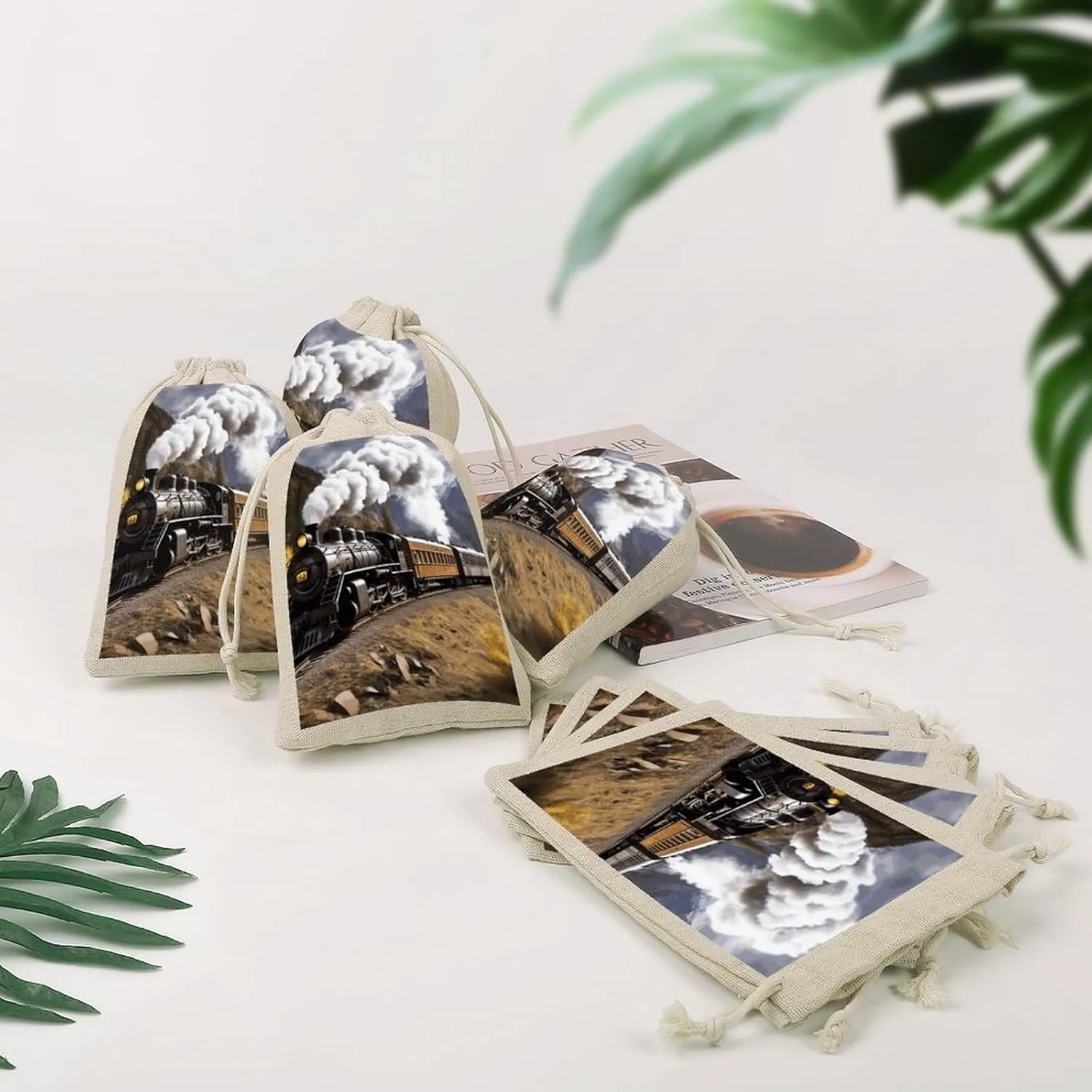 FJWKLRBV Steam Locomotive Train Small Burlap Bags 8 PCS Burlap Gift Bags with Drawstring Storage Bag Jewelry Pouch