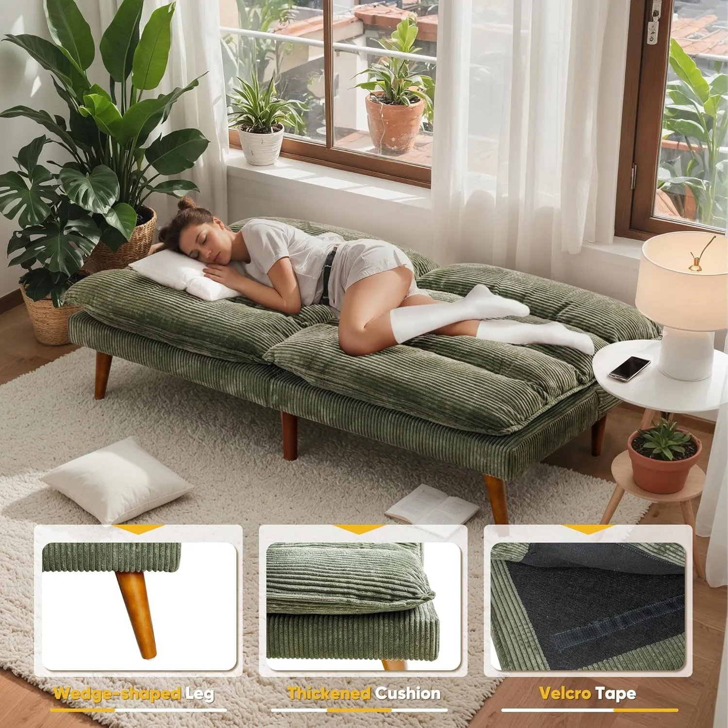 Flamaker Convertible Futon Sofa Bed Futon Couch with Adjustable Back Upholstered Sleeper Sofa Bed for Living Room Furniture (Corduroy, Green)