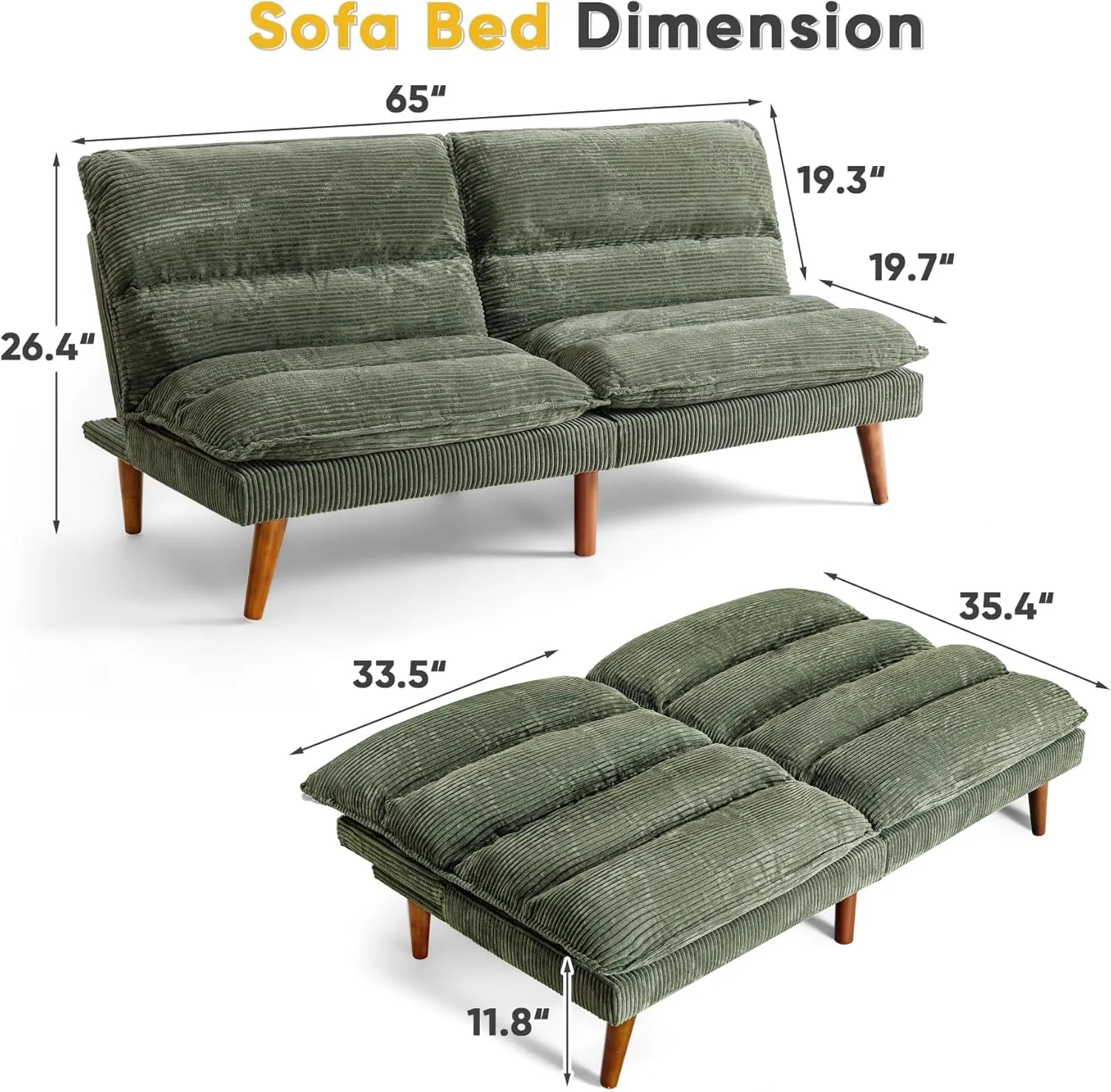Flamaker Convertible Futon Sofa Bed Futon Couch with Adjustable Back Upholstered Sleeper Sofa Bed for Living Room Furniture (Corduroy, Green)