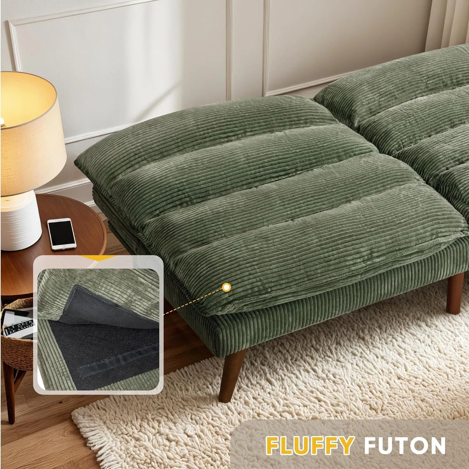 Flamaker Convertible Futon Sofa Bed Futon Couch with Adjustable Back Upholstered Sleeper Sofa Bed for Living Room Furniture (Corduroy, Green)