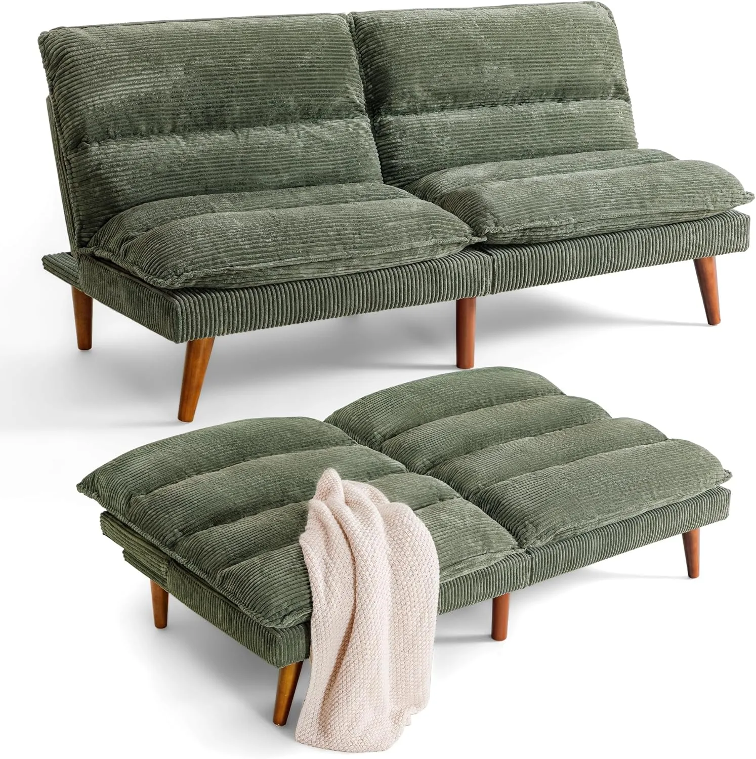 Flamaker Convertible Futon Sofa Bed Futon Couch with Adjustable Back Upholstered Sleeper Sofa Bed for Living Room Furniture (Corduroy, Green)