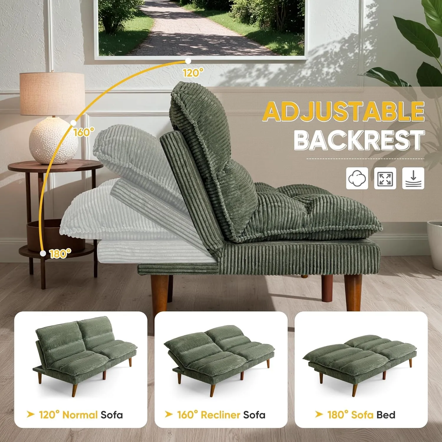 Flamaker Convertible Futon Sofa Bed Futon Couch with Adjustable Back Upholstered Sleeper Sofa Bed for Living Room Furniture (Corduroy, Green)
