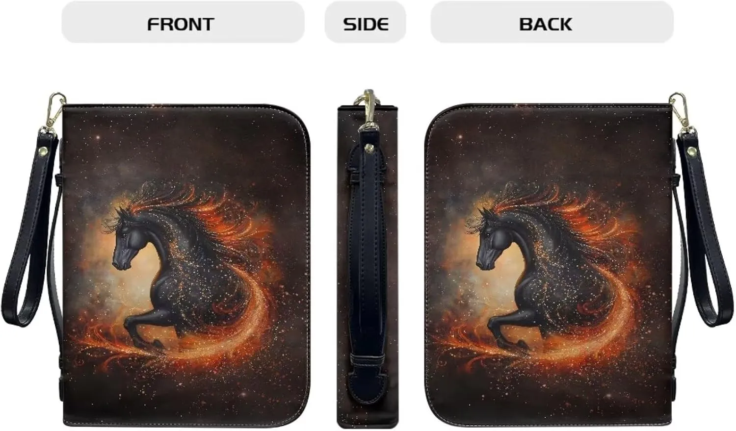 Flaming Horse Print PU Leather Bible Cover Case Large Bible Cover Bag for Women Men Lightweight Scripture Bag with Detachable Wristlet Strap Bible Accessories for Christian, 2XL