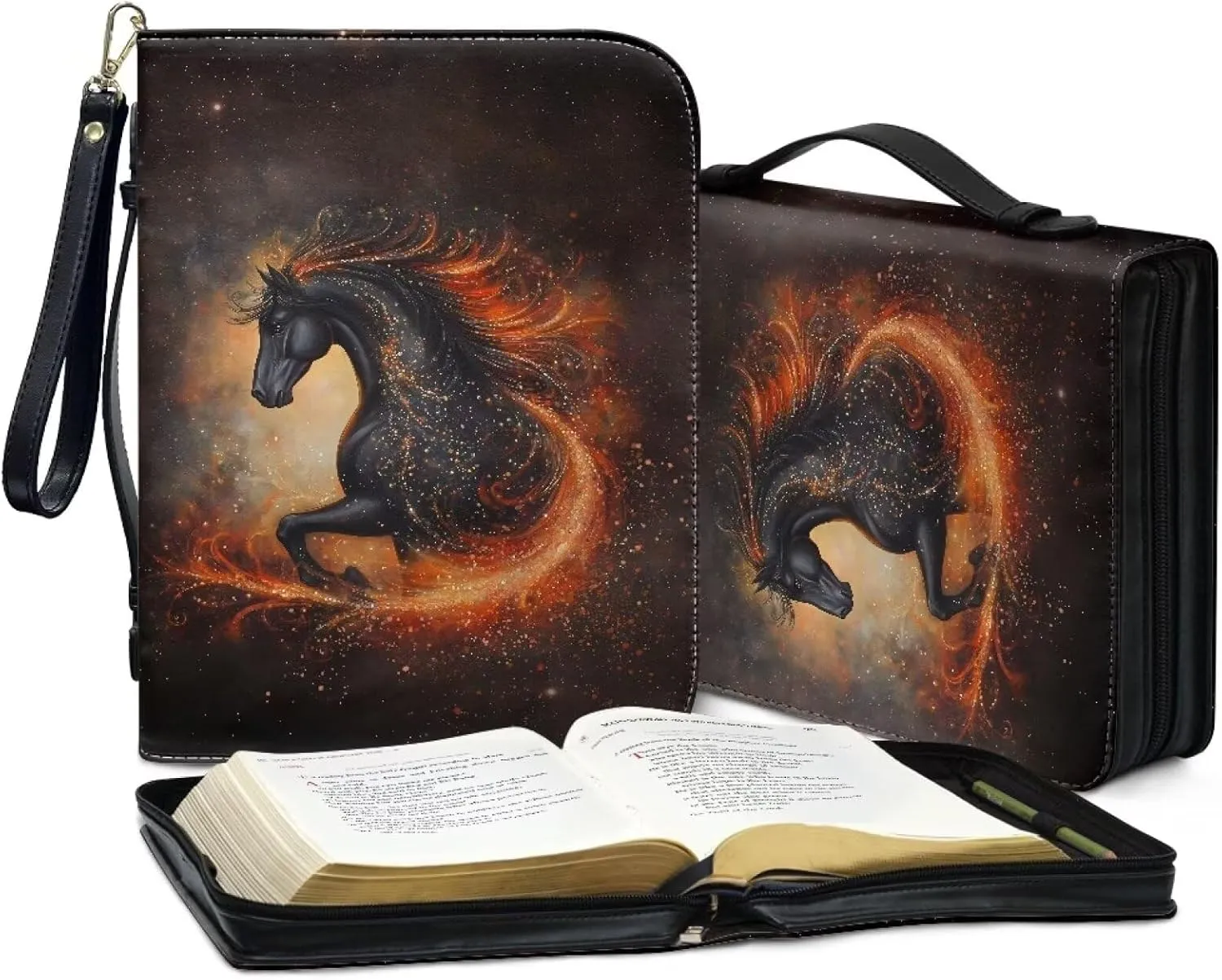 Flaming Horse Print PU Leather Bible Cover Case Large Bible Cover Bag for Women Men Lightweight Scripture Bag with Detachable Wristlet Strap Bible Accessories for Christian, 2XL