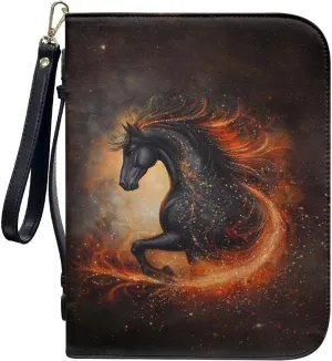 Flaming Horse Print PU Leather Bible Cover Case Large Bible Cover Bag for Women Men Lightweight Scripture Bag with Detachable Wristlet Strap Bible Accessories for Christian, 2XL