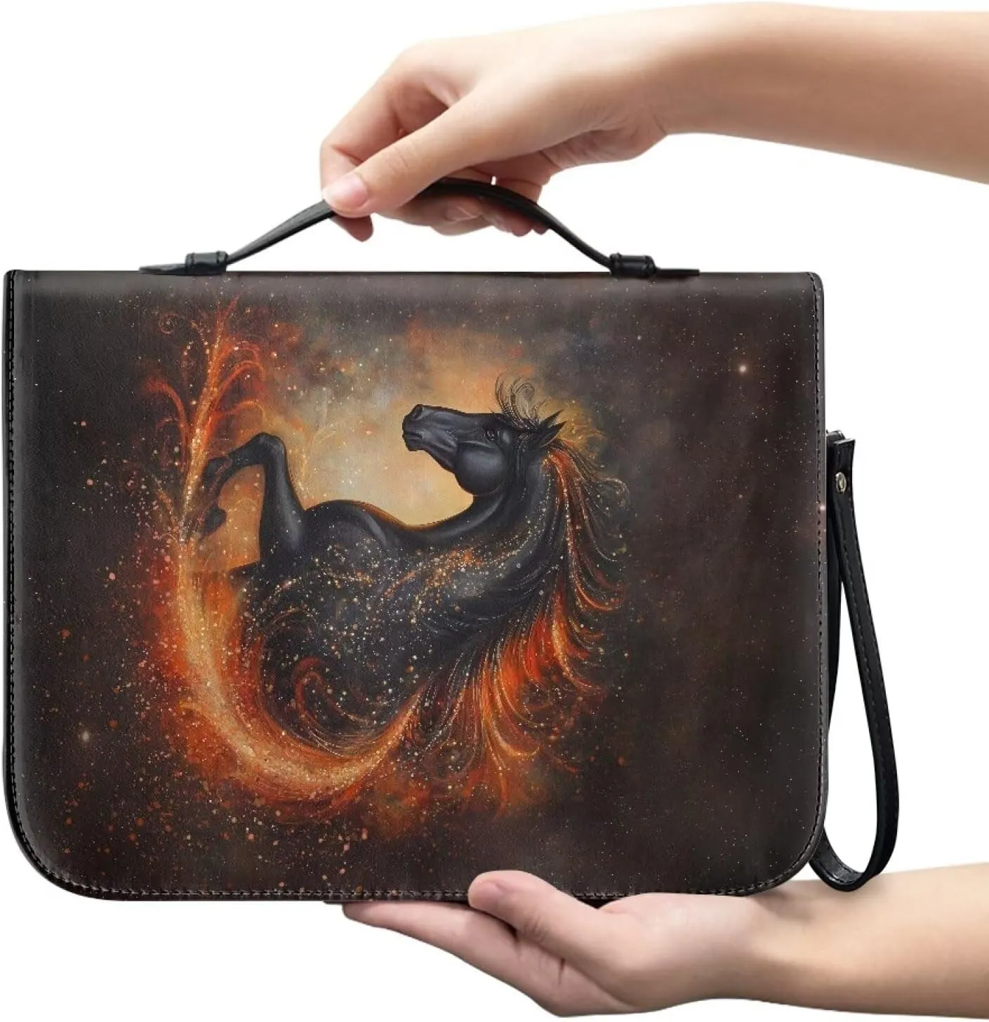 Flaming Horse Print PU Leather Bible Cover Case Large Bible Cover Bag for Women Men Lightweight Scripture Bag with Detachable Wristlet Strap Bible Accessories for Christian, 2XL