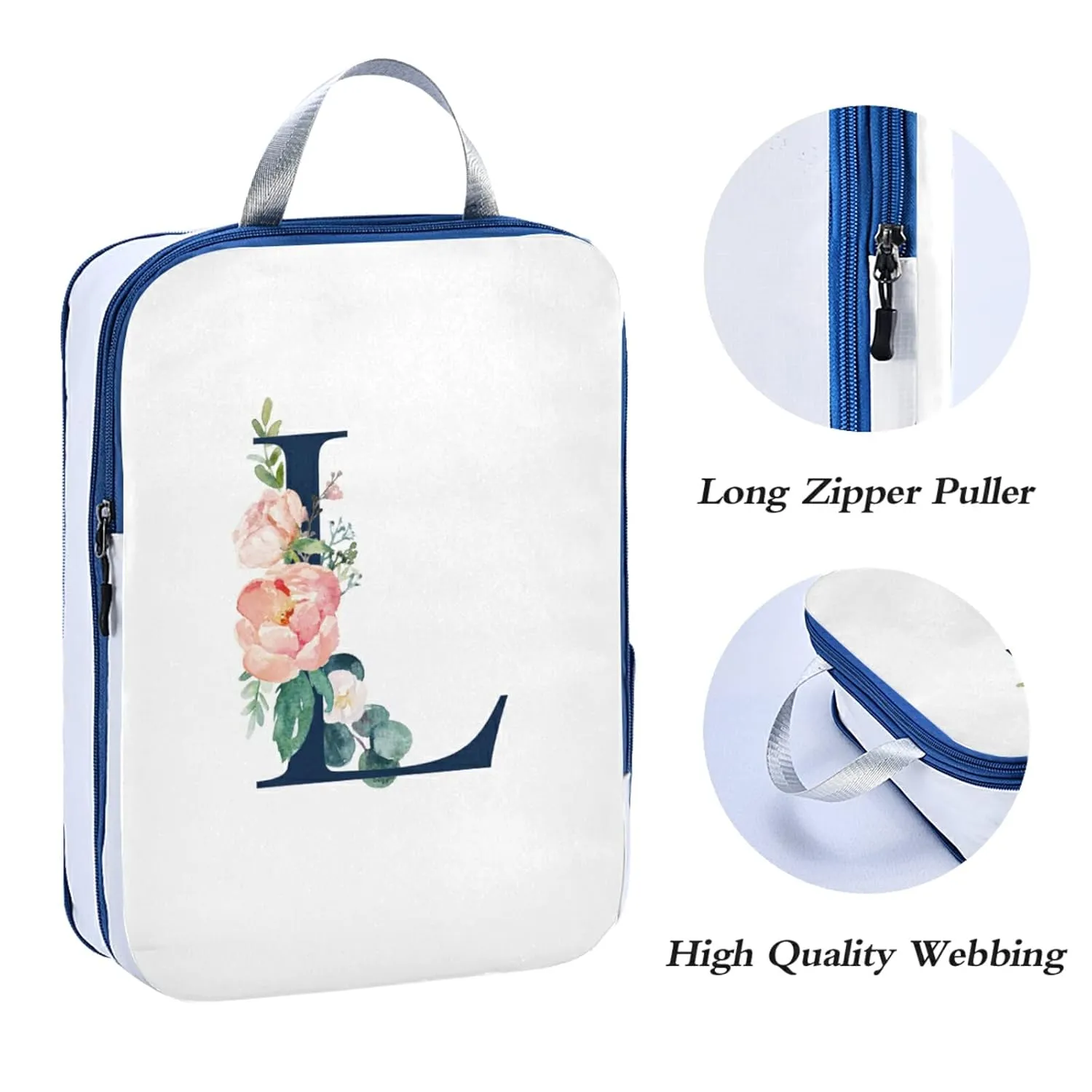 Floral Alphabet Monogrammed Rose Gold Letter 3 Piece set Cubes Expandable Adjustable Luggage Packing Bags, Ultralight Organizer Accessories Travel Suitcase Compressible Bags