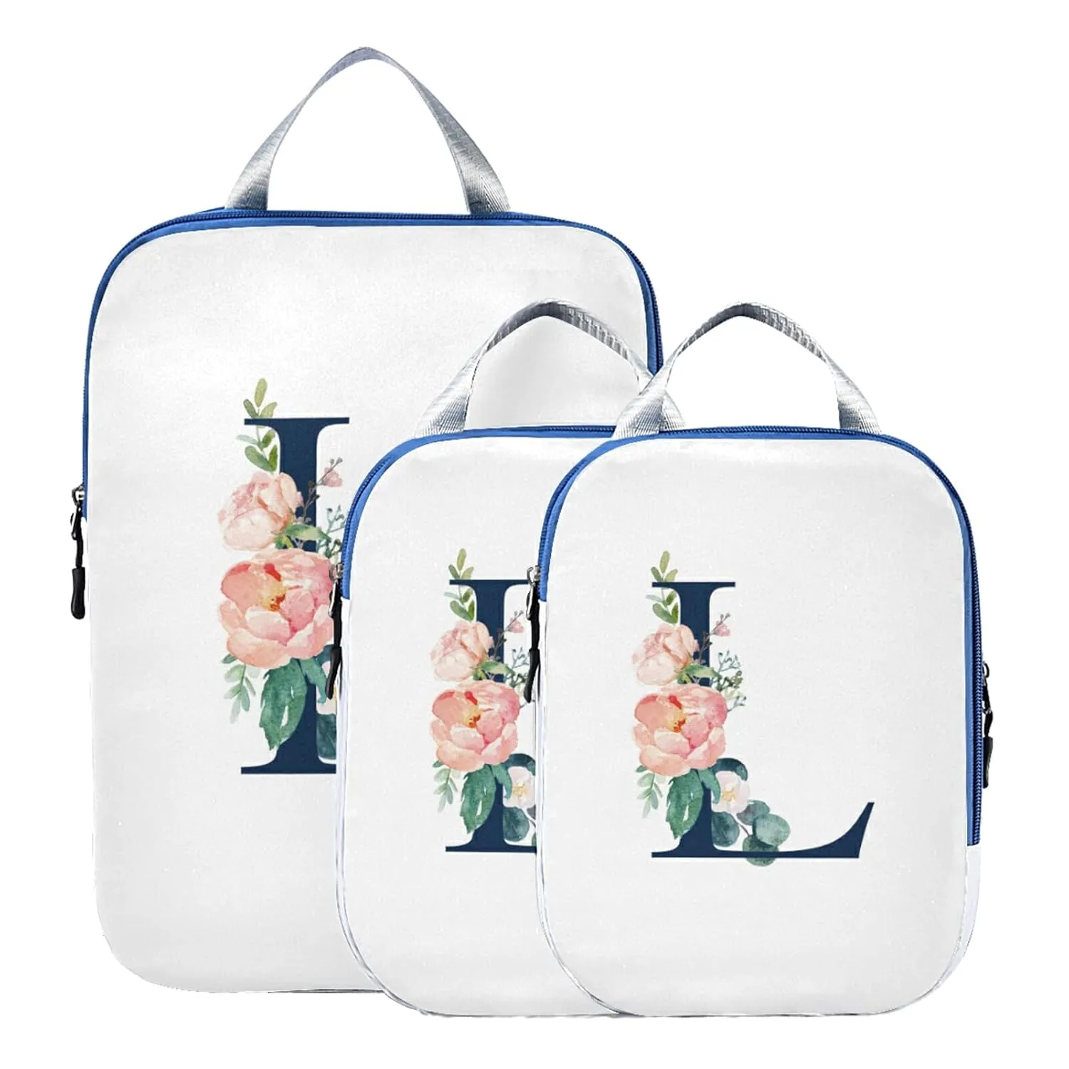 Floral Alphabet Monogrammed Rose Gold Letter 3 Piece set Cubes Expandable Adjustable Luggage Packing Bags, Ultralight Organizer Accessories Travel Suitcase Compressible Bags