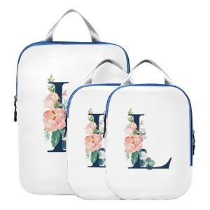 Floral Alphabet Monogrammed Rose Gold Letter 3 Piece set Cubes Expandable Adjustable Luggage Packing Bags, Ultralight Organizer Accessories Travel Suitcase Compressible Bags