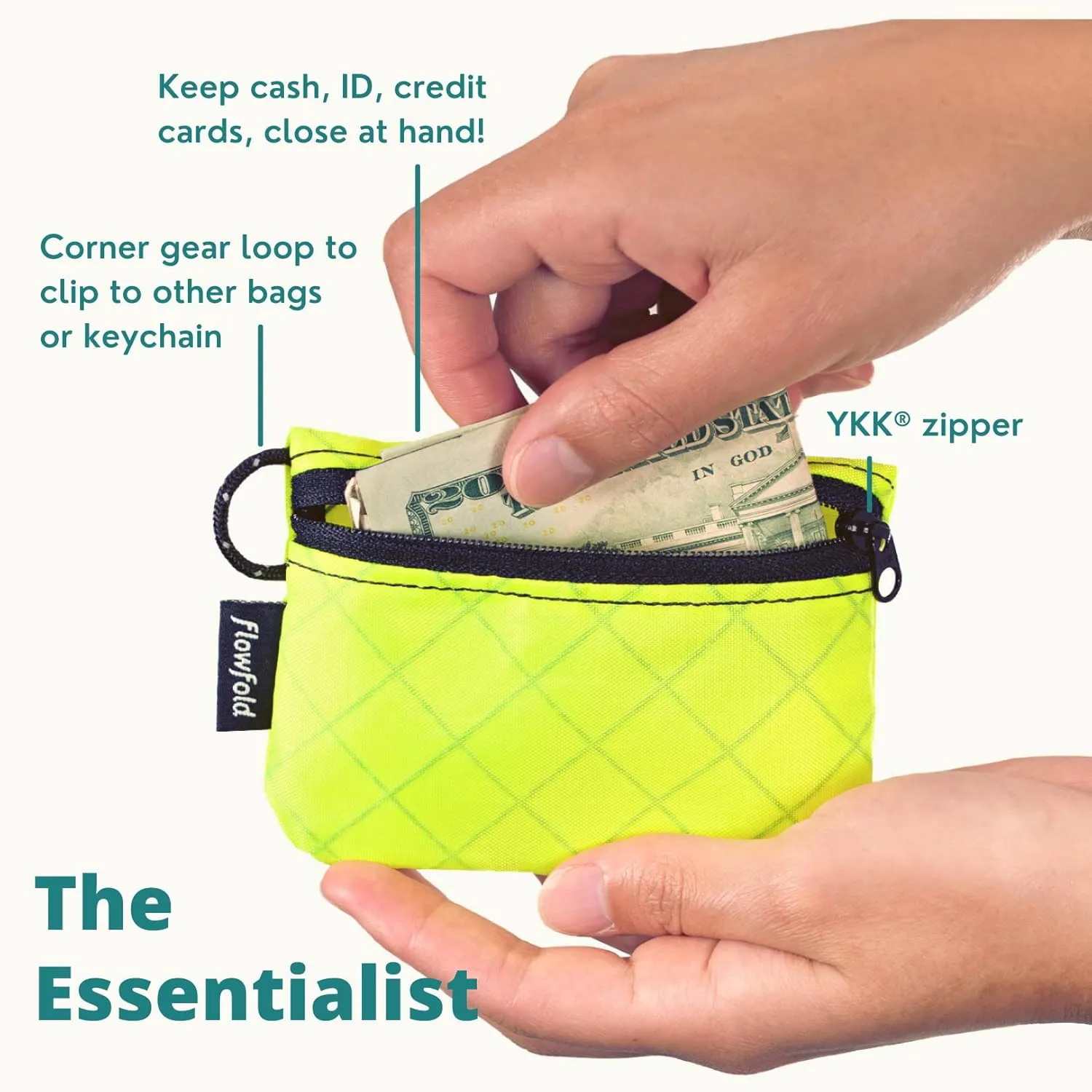 Flowfold Recycled Fabric Mini Zipper Pouch Wallet & Card Holder for Keys, ID, Coins & AirPods Case - Water Repellent, Made in USA (Lime Green, Recycled Material)