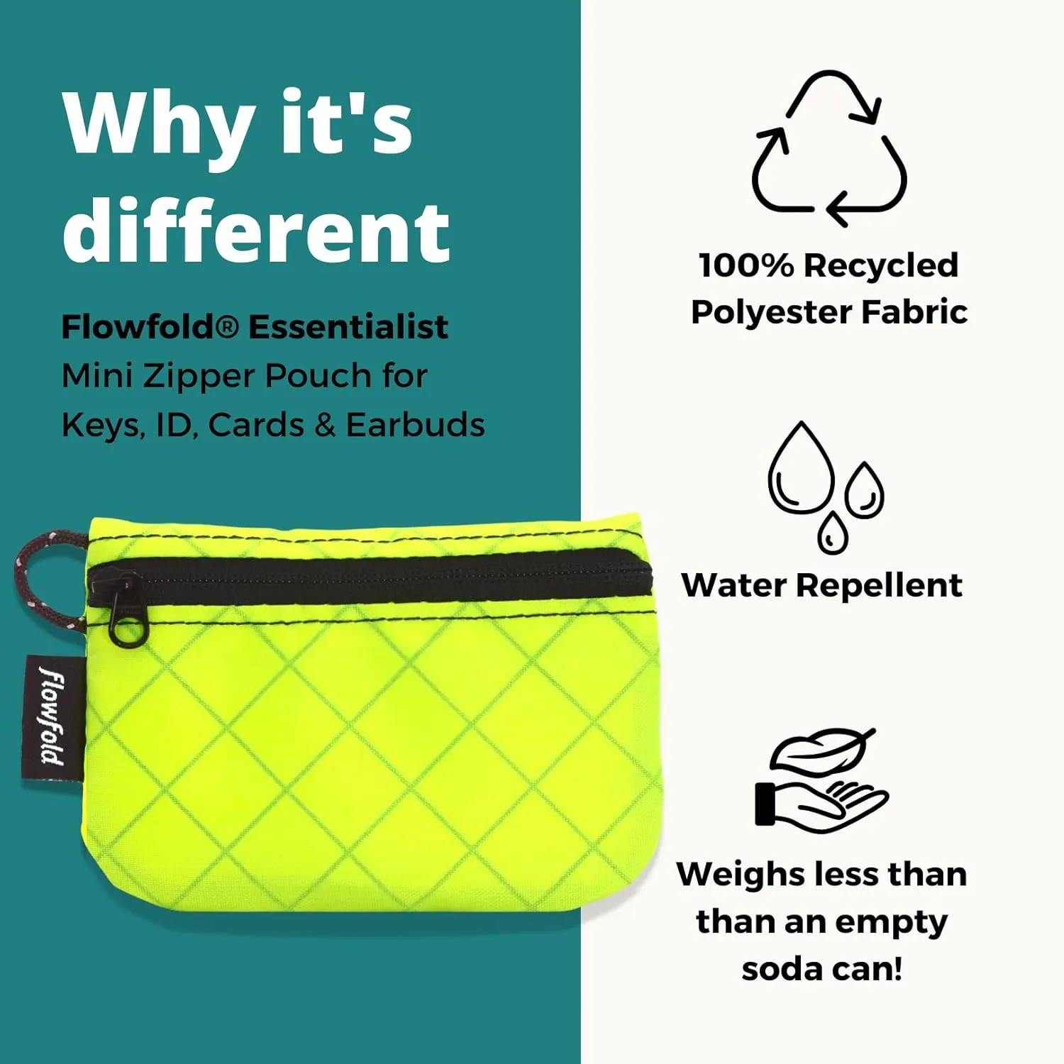 Flowfold Recycled Fabric Mini Zipper Pouch Wallet & Card Holder for Keys, ID, Coins & AirPods Case - Water Repellent, Made in USA (Lime Green, Recycled Material)