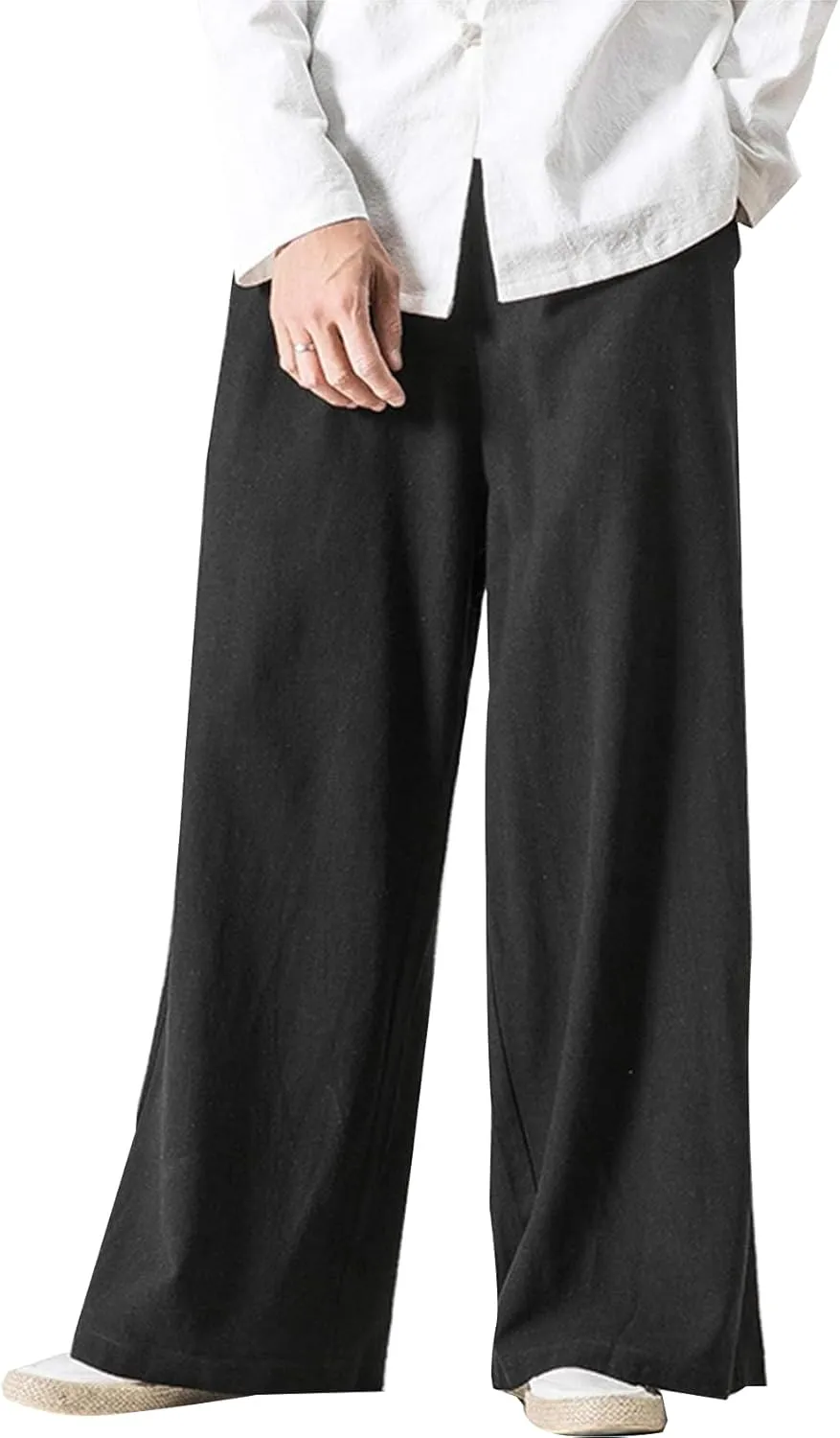 Flygo Mens Linen Pants Casual Wide Leg Baggy Pants Summer Cotton Elastic Waist Yoga Beach Palazzo Trousers