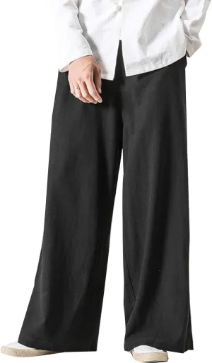 Flygo Mens Linen Pants Casual Wide Leg Baggy Pants Summer Cotton Elastic Waist Yoga Beach Palazzo Trousers