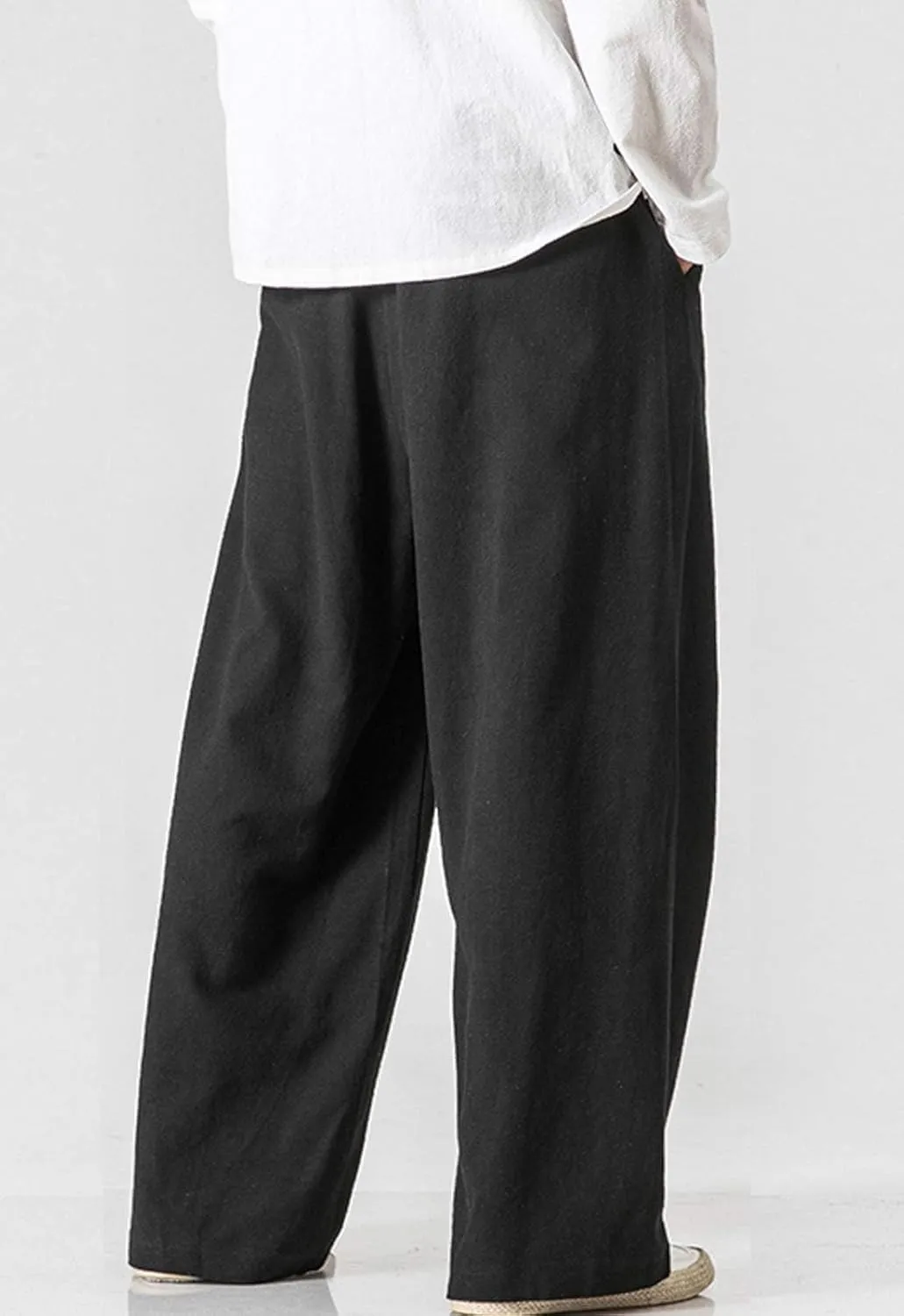 Flygo Mens Linen Pants Casual Wide Leg Baggy Pants Summer Cotton Elastic Waist Yoga Beach Palazzo Trousers