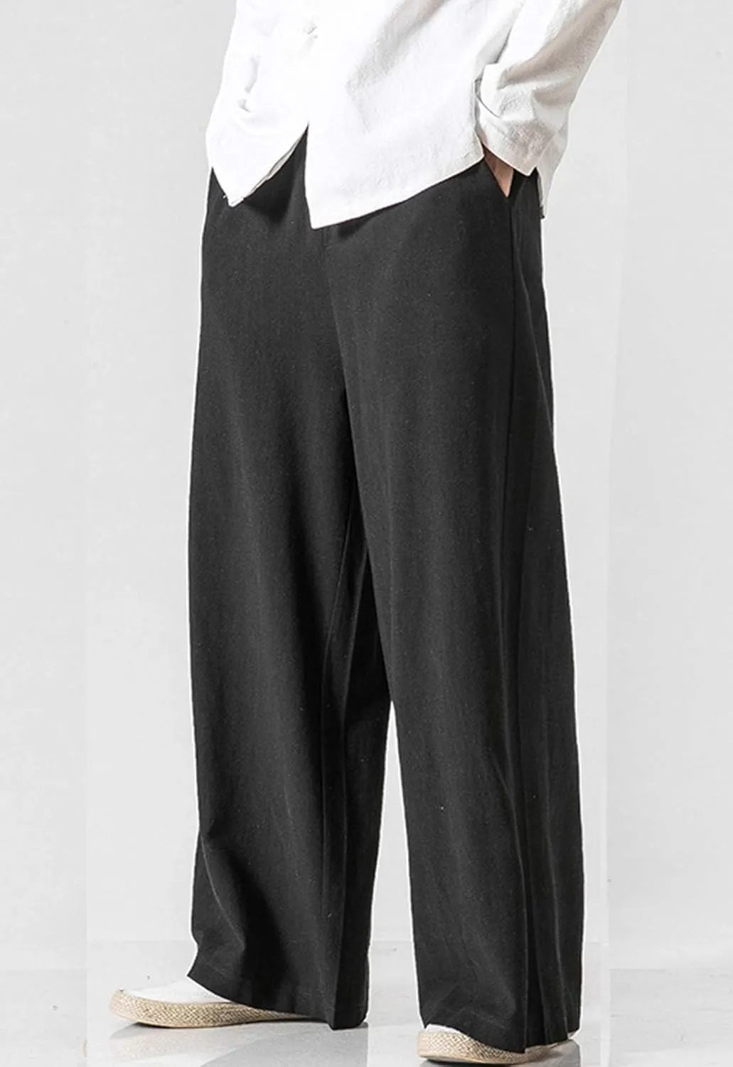 Flygo Mens Linen Pants Casual Wide Leg Baggy Pants Summer Cotton Elastic Waist Yoga Beach Palazzo Trousers
