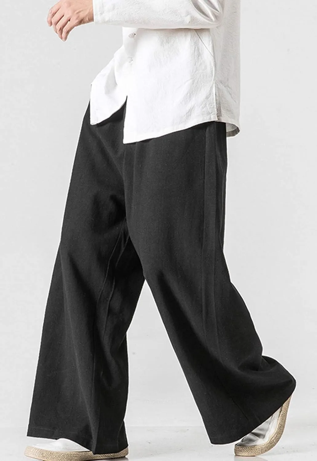 Flygo Mens Linen Pants Casual Wide Leg Baggy Pants Summer Cotton Elastic Waist Yoga Beach Palazzo Trousers