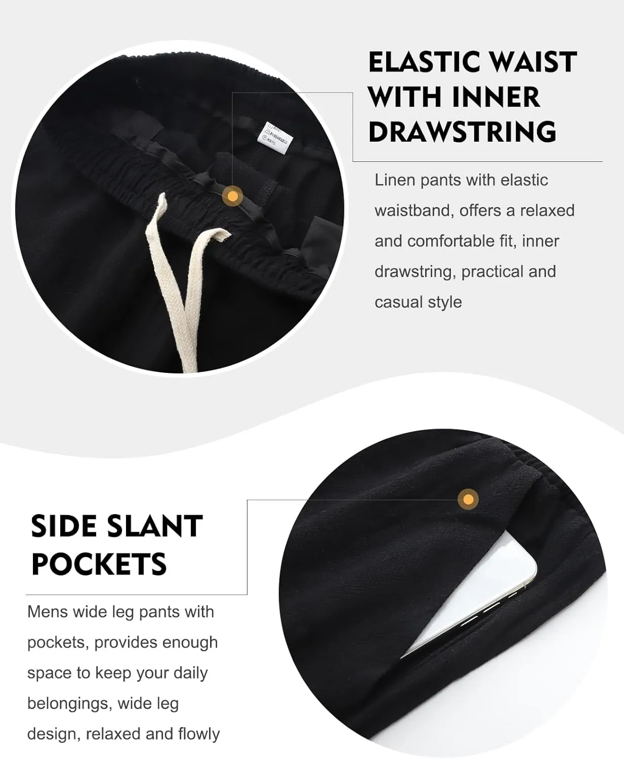 Flygo Mens Linen Pants Casual Wide Leg Baggy Pants Summer Cotton Elastic Waist Yoga Beach Palazzo Trousers