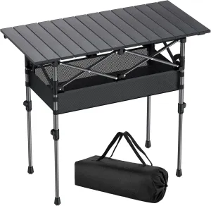 Folding Camping Table, Aluminum Roll Up Camping Table Adjustable Height with Storage Net and Bag, Lightweight Outdoor Table 32.2” X 16”, for Outdoor Travel BBQ Party Picnic, Black
