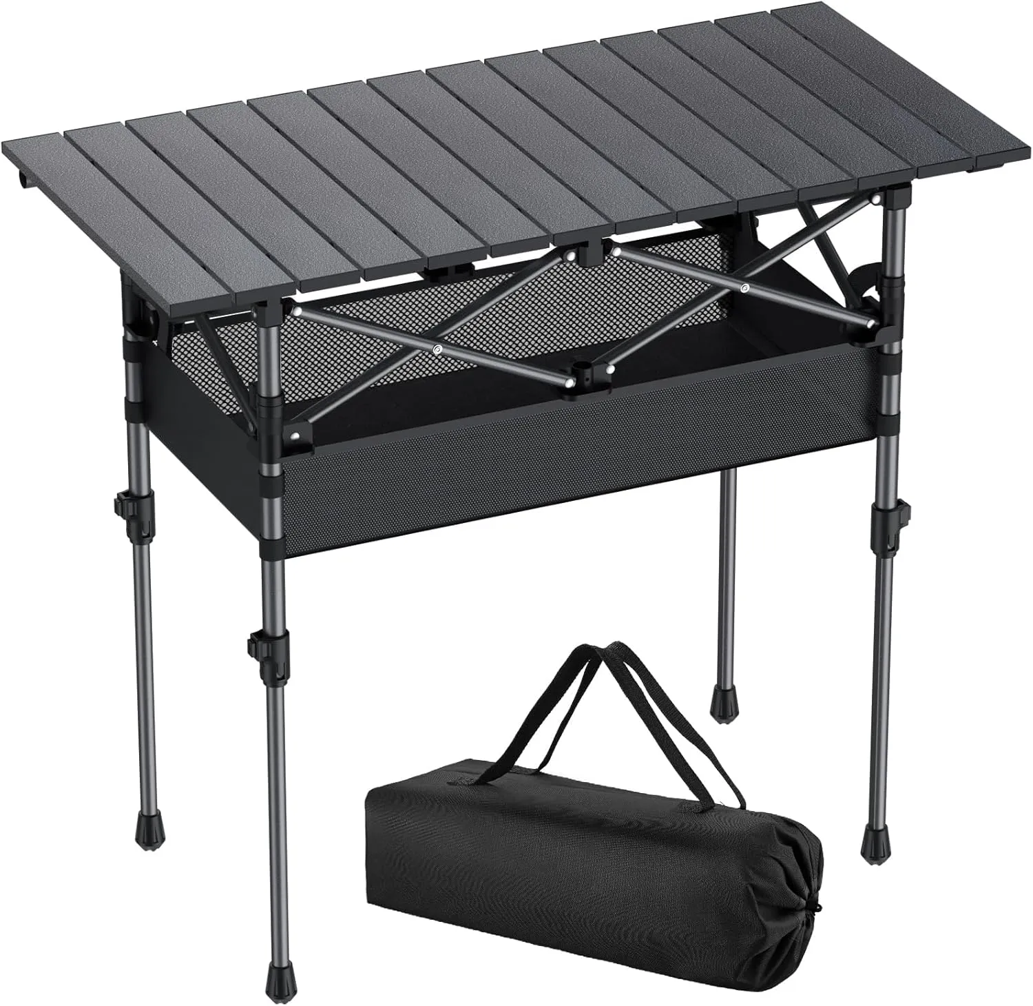 Folding Camping Table, Aluminum Roll Up Camping Table Adjustable Height with Storage Net and Bag, Lightweight Outdoor Table 32.2” X 16”, for Outdoor Travel BBQ Party Picnic, Black