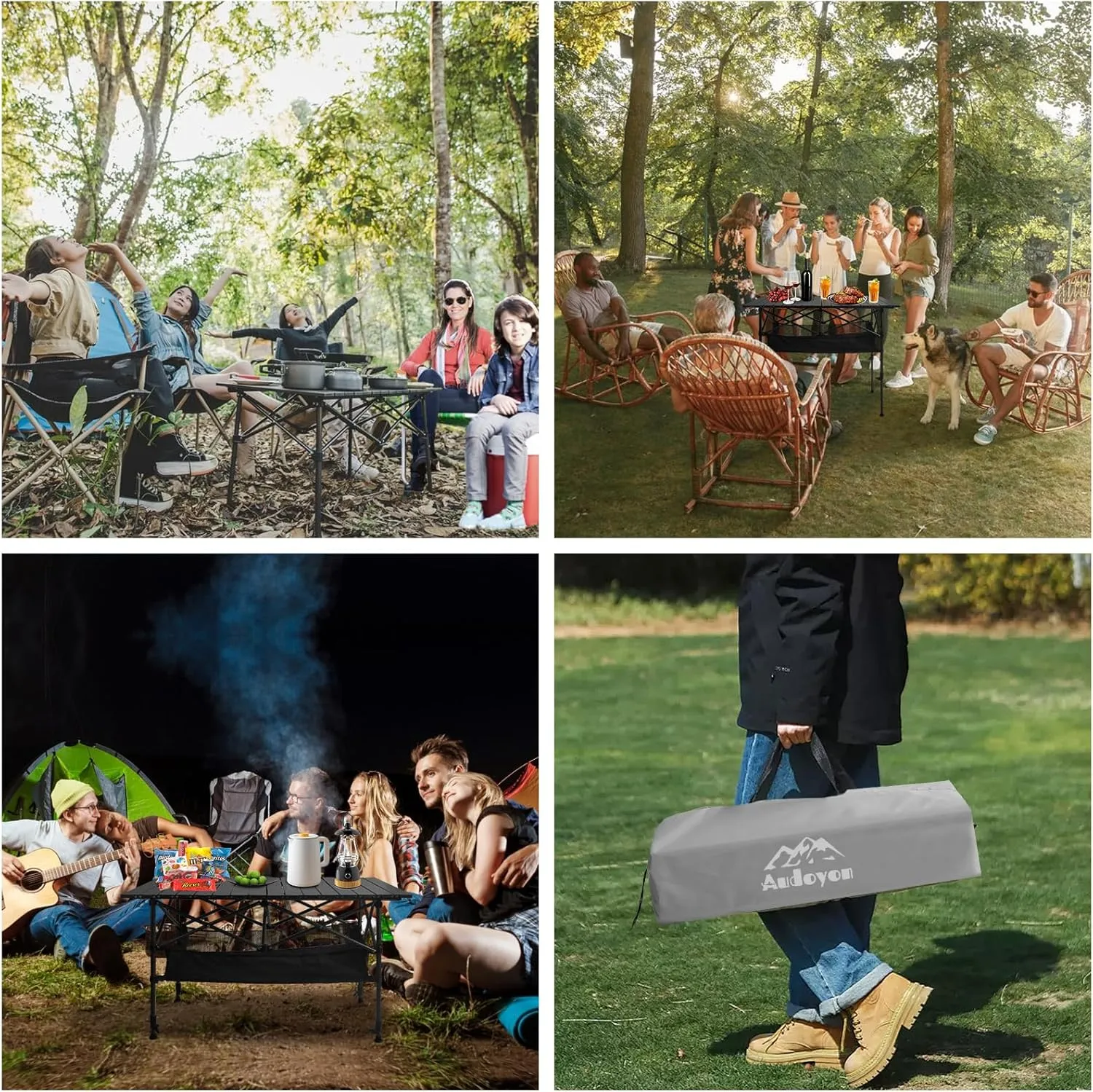 Folding Camping Table, Outdoor Roll-up Table Height Adjustable & Portable Metal Camp Grill Table for Picnic, BBQ, Party, Backyard, Beach, Mesh Storage and Carry Bag (Ash Black, 47.24'' X-Large)