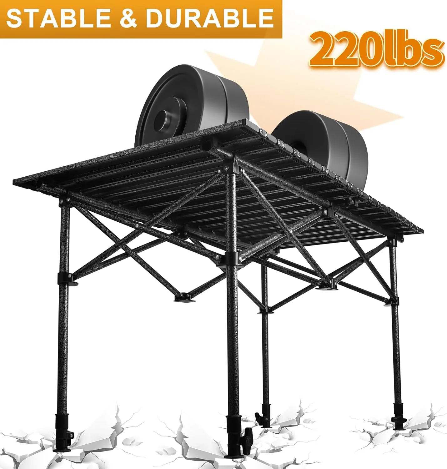 Folding Camping Table, Outdoor Roll-up Table Height Adjustable & Portable Metal Camp Grill Table for Picnic, BBQ, Party, Backyard, Beach, Mesh Storage and Carry Bag (Ash Black, 47.24'' X-Large)