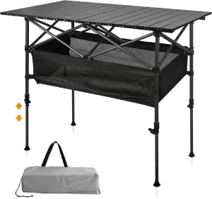 Folding Camping Table, Outdoor Roll-up Table Height Adjustable & Portable Metal Camp Grill Table for Picnic, BBQ, Party, Backyard, Beach, Mesh Storage and Carry Bag (Ash Black, 47.24'' X-Large)