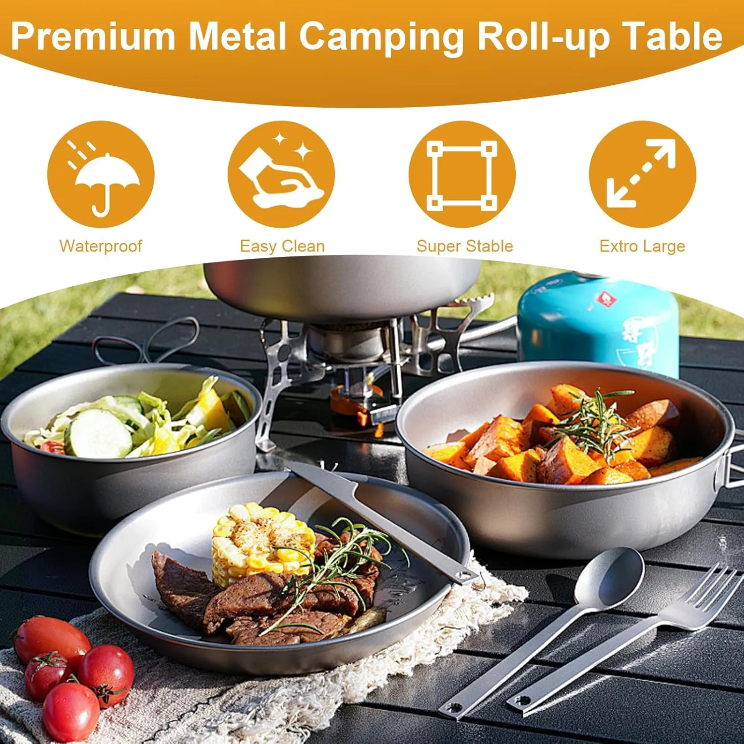 Folding Camping Table, Outdoor Roll-up Table Height Adjustable & Portable Metal Camp Grill Table for Picnic, BBQ, Party, Backyard, Beach, Mesh Storage and Carry Bag (Ash Black, 47.24'' X-Large)