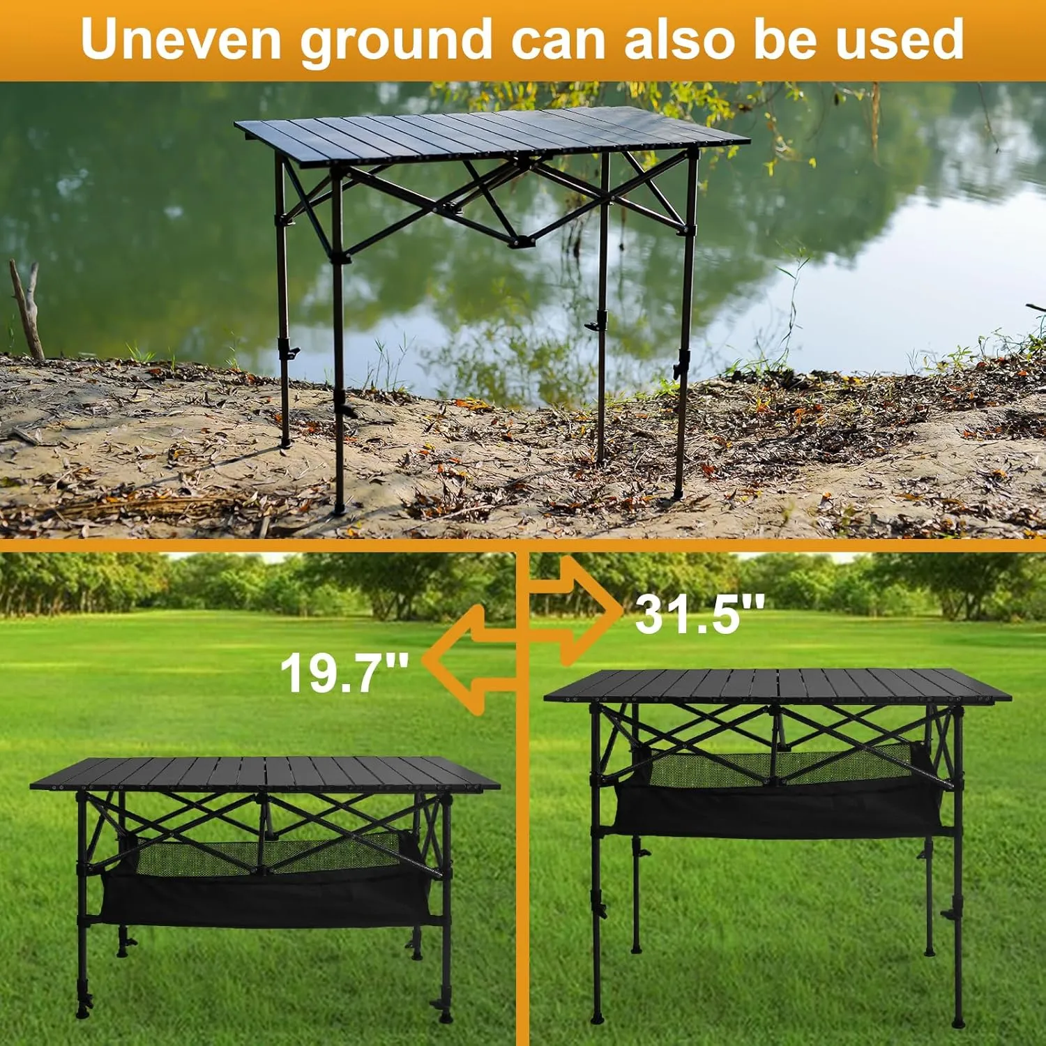 Folding Camping Table, Outdoor Roll-up Table Height Adjustable & Portable Metal Camp Grill Table for Picnic, BBQ, Party, Backyard, Beach, Mesh Storage and Carry Bag (Ash Black, 47.24'' X-Large)