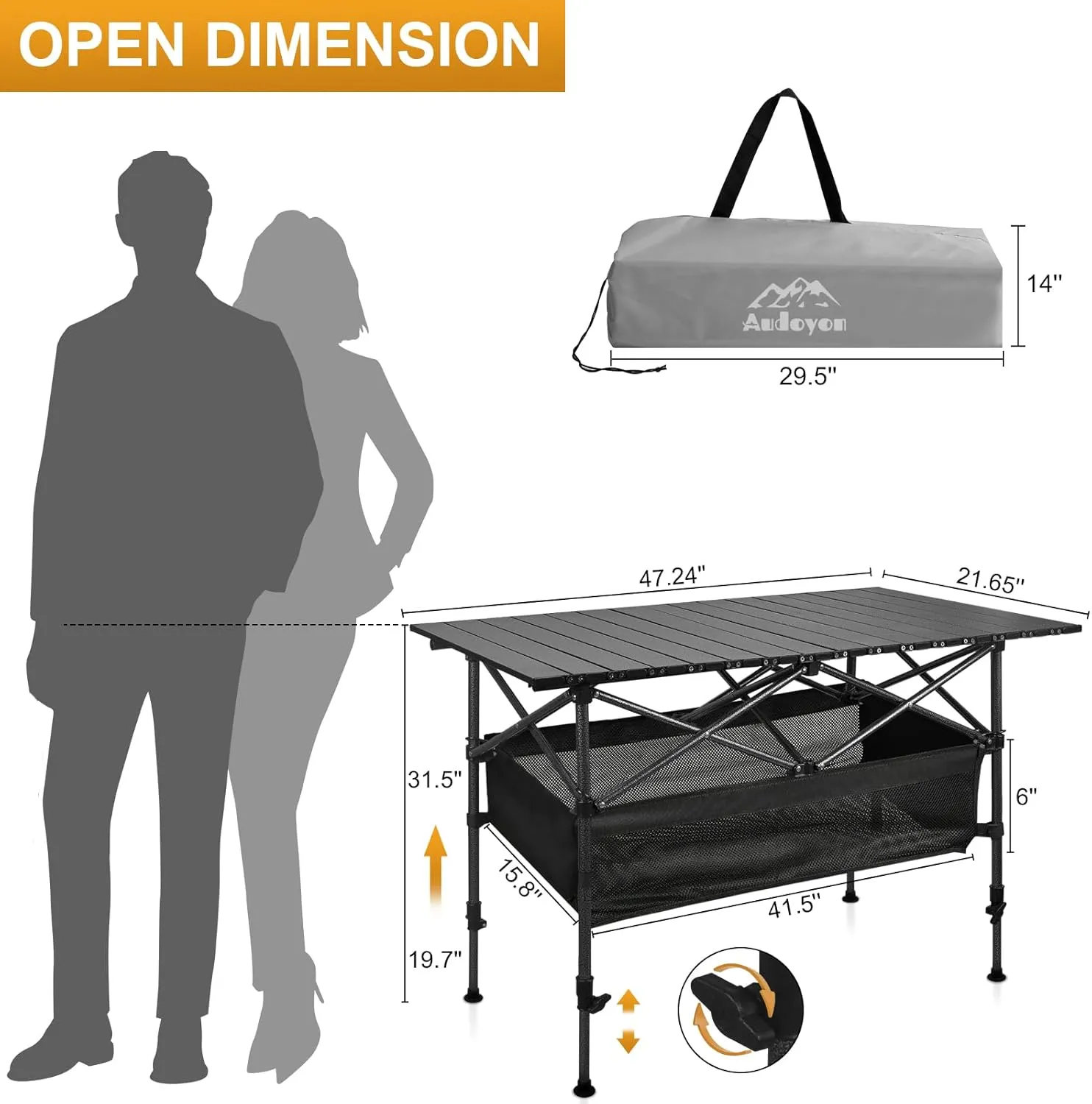 Folding Camping Table, Outdoor Roll-up Table Height Adjustable & Portable Metal Camp Grill Table for Picnic, BBQ, Party, Backyard, Beach, Mesh Storage and Carry Bag (Ash Black, 47.24'' X-Large)