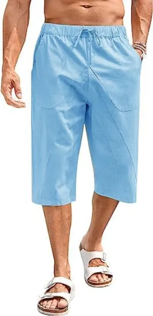 Fommykin Men's Cotton Linen Capri Pants Baggy Harem Drawstring Yoga Beach Pants with Pockets