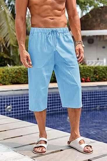Fommykin Men's Cotton Linen Capri Pants Baggy Harem Drawstring Yoga Beach Pants with Pockets