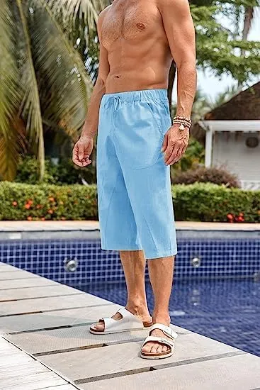 Fommykin Men's Cotton Linen Capri Pants Baggy Harem Drawstring Yoga Beach Pants with Pockets