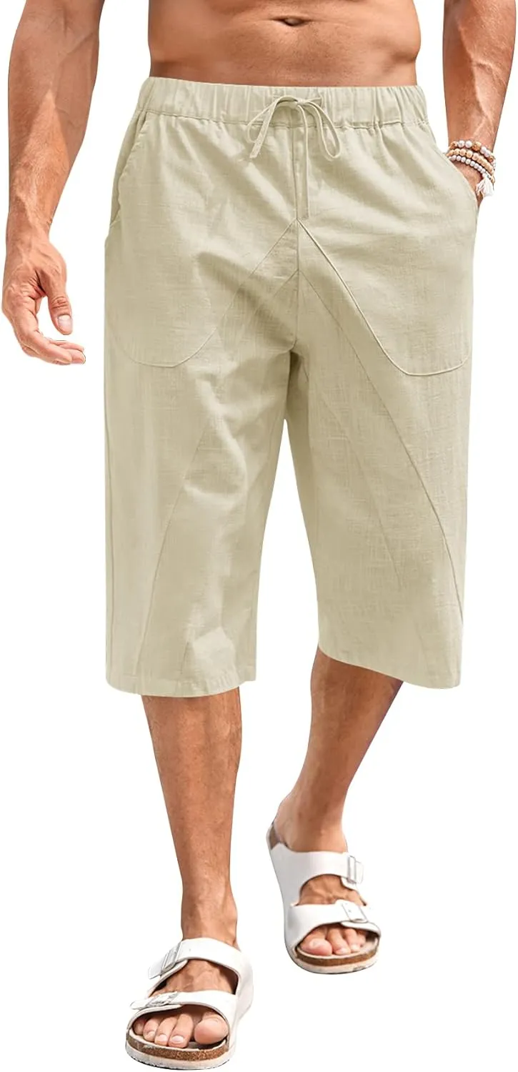 Fommykin Men's Cotton Linen Capri Pants Baggy Harem Drawstring Yoga Beach Pants with Pockets