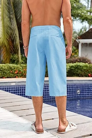 Fommykin Men's Cotton Linen Capri Pants Baggy Harem Drawstring Yoga Beach Pants with Pockets
