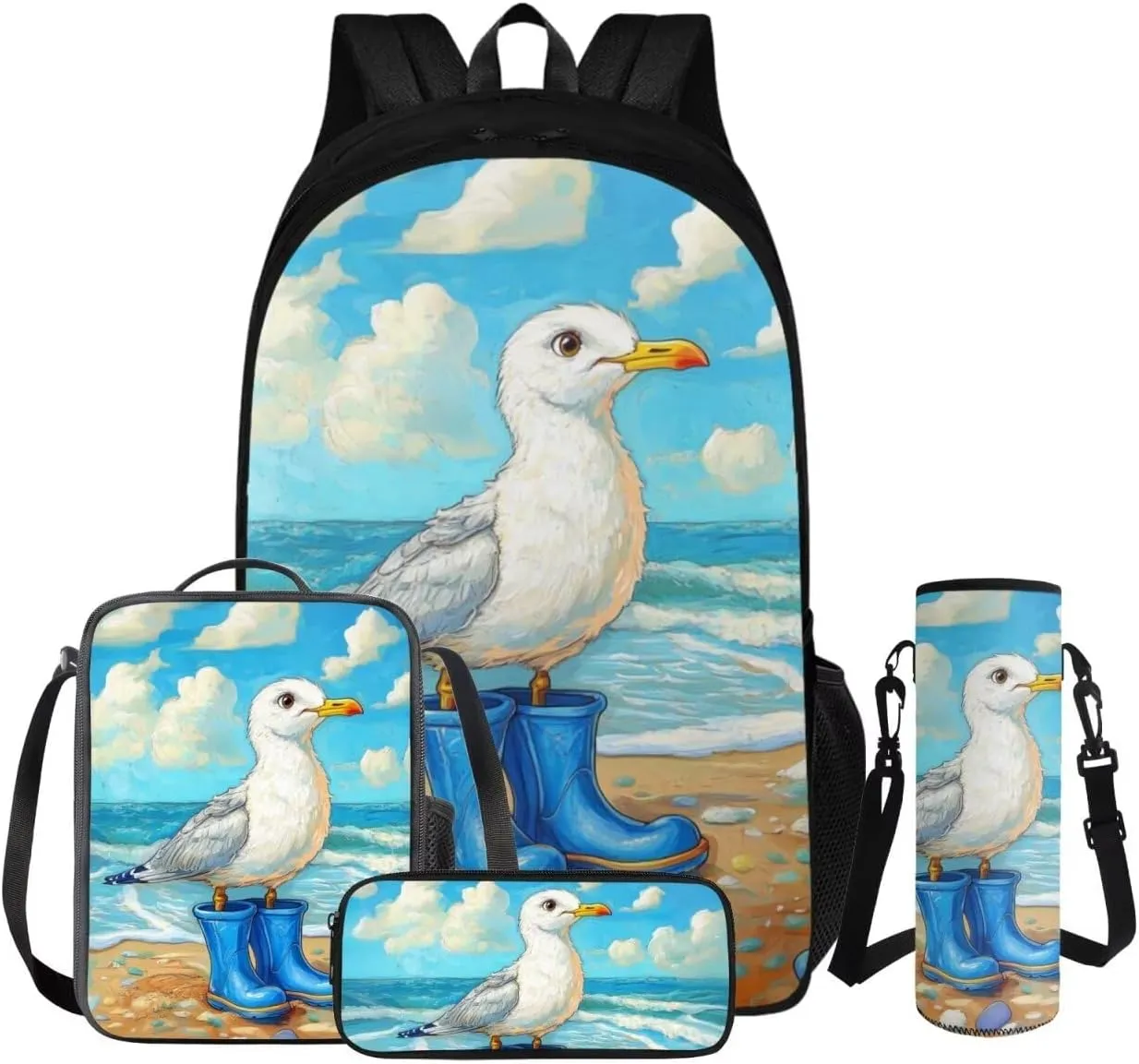FOR U DESIGNS Seagull Backpack Set with Lunch Box Kawaii Ocean Backpack for Girls Cute Bookbag and Lunch Box Set 4 in 1 Large Capacity School Bag 5th Grade