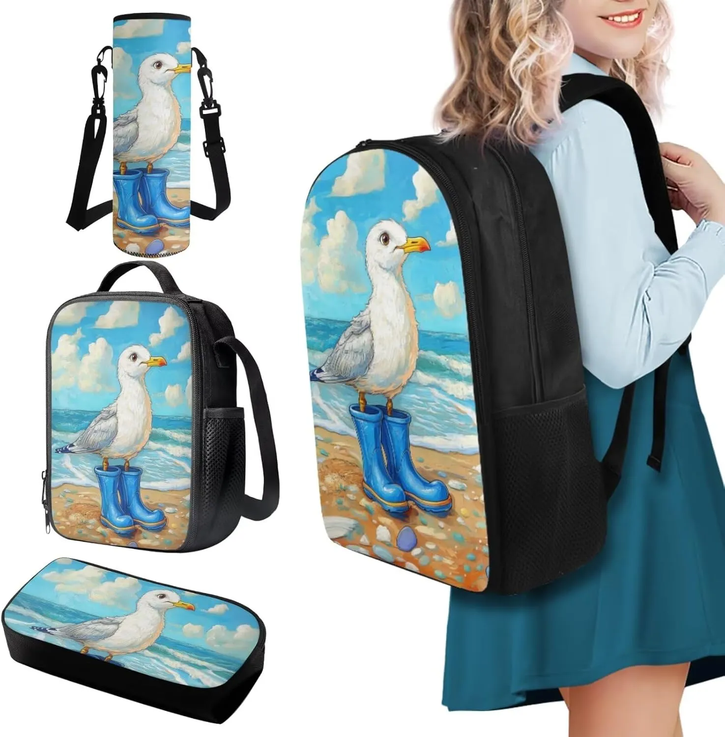 FOR U DESIGNS Seagull Backpack Set with Lunch Box Kawaii Ocean Backpack for Girls Cute Bookbag and Lunch Box Set 4 in 1 Large Capacity School Bag 5th Grade