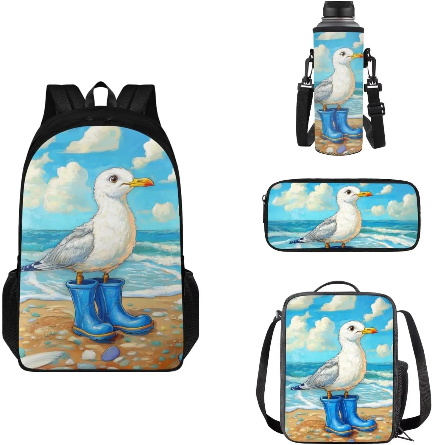 FOR U DESIGNS Seagull Backpack Set with Lunch Box Kawaii Ocean Backpack for Girls Cute Bookbag and Lunch Box Set 4 in 1 Large Capacity School Bag 5th Grade